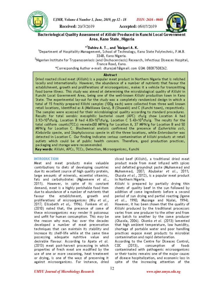 Bacteriological Quality Assessment of Kilishi Produced in Kunchi Local
