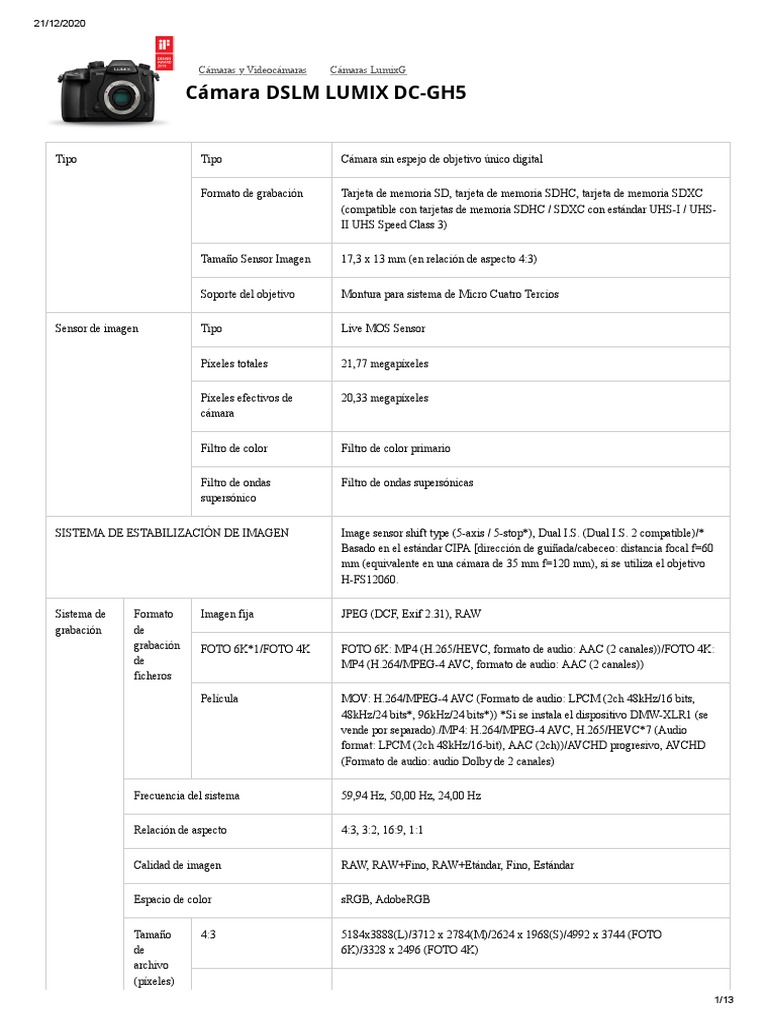 Ficha Tecnica Camara Panasonic Lumix GH5 PDF PDF