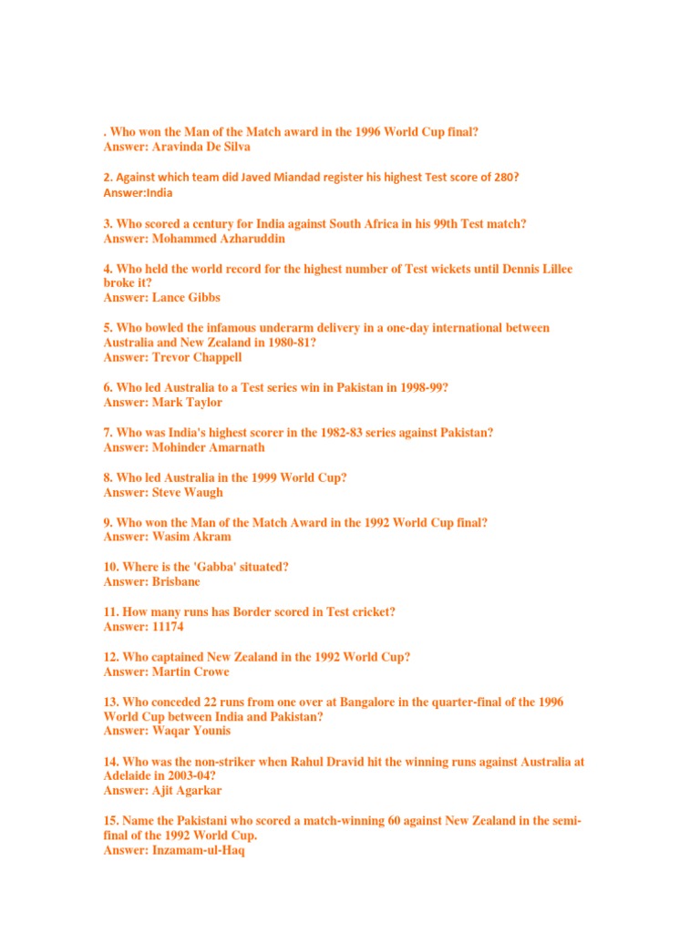 Cricket Quiz: Questions and Answers | PDF | Cricket | Test Cricket