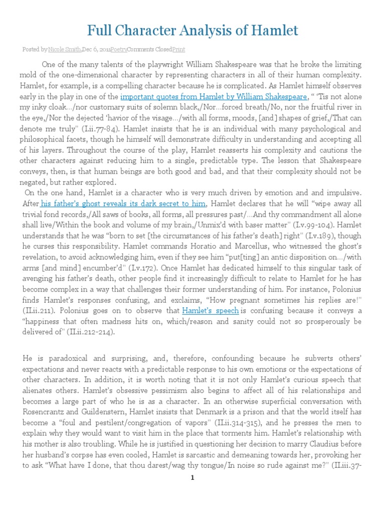 Full character analysis of hamlet important quotes from hamlet by