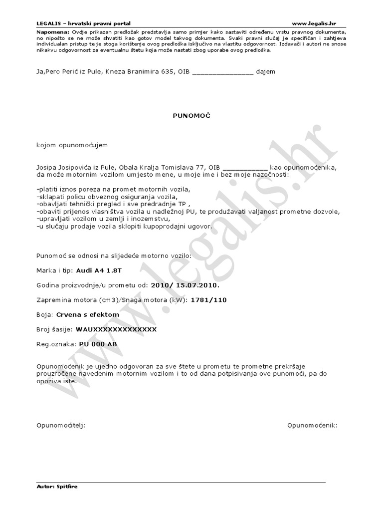 Punomoć Za Motorno Vozilo | PDF
