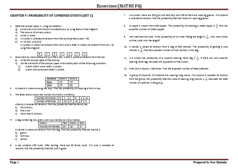 Combined Events Probability Exercises | PDF | Probability | Teaching ...