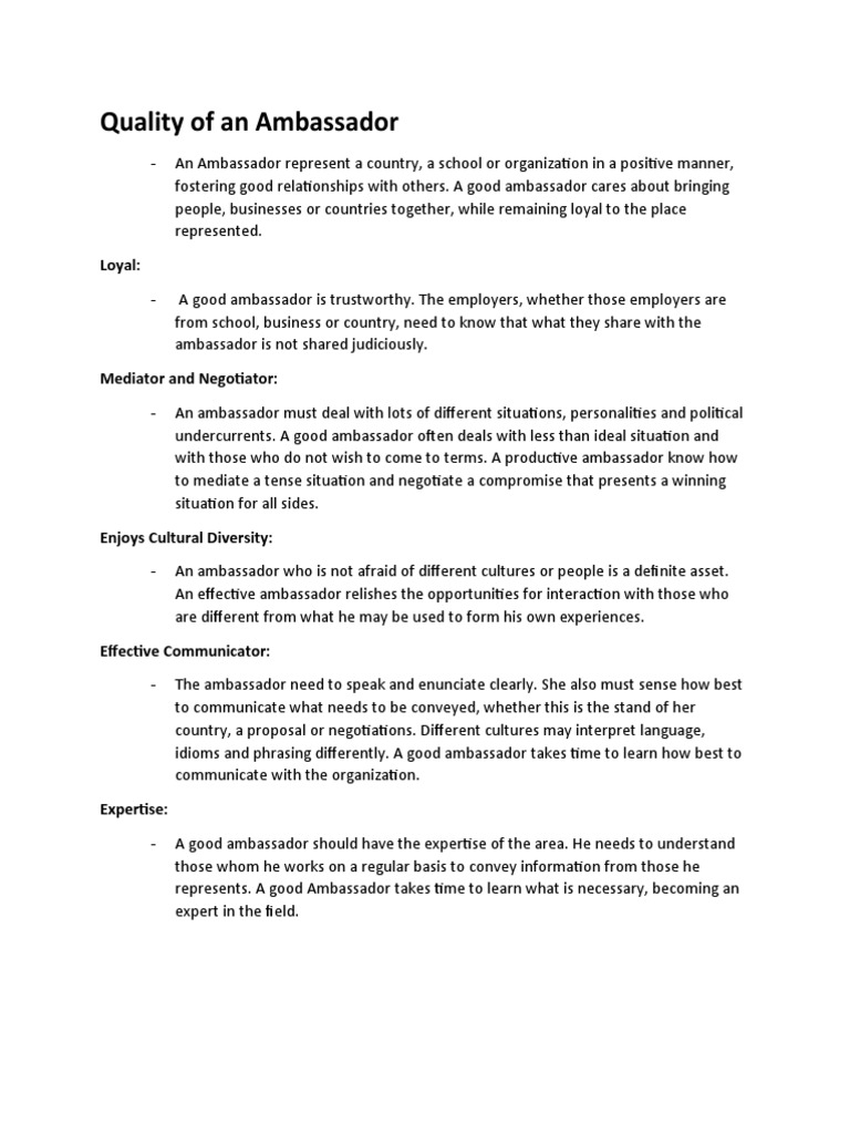 Qualities of a Good Ambassador | PDF