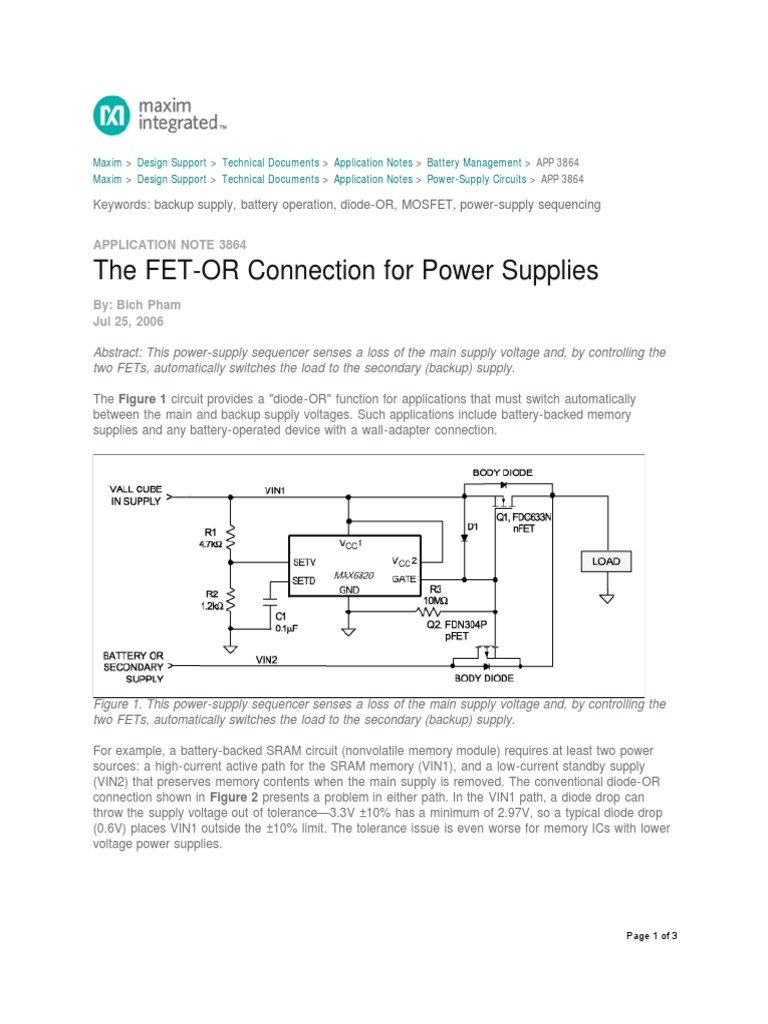 The FET-OR Connection For Power Supplies: Backup Supply, Battery ...