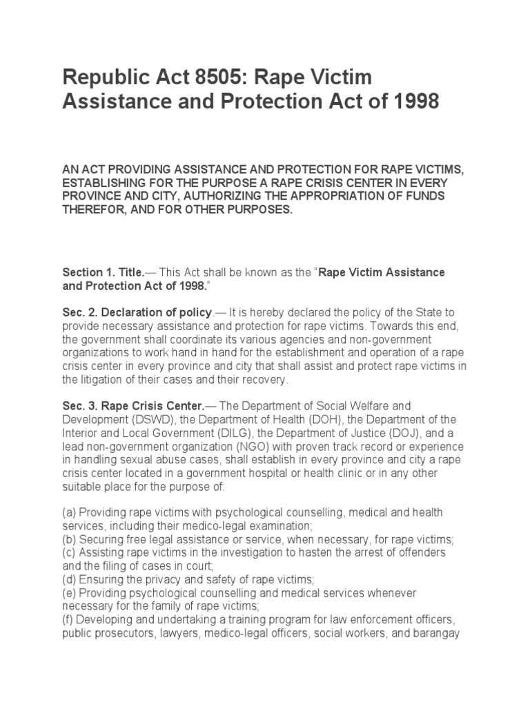 Republic Act 8505: Rape Victim Assistance and Protection Act of 1998 ...