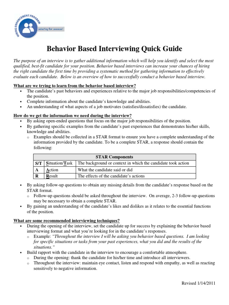 Behavior Based Interviewing Quick Guide: What Are We Trying To Learn ...