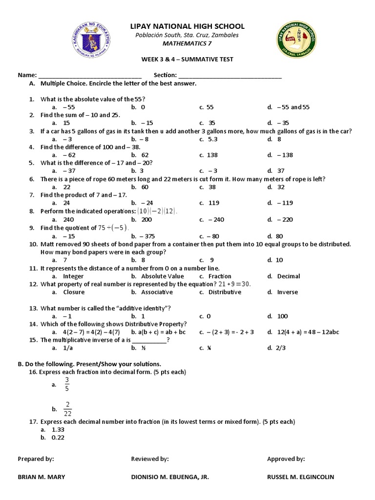 Math Test for Grade 7 Students | PDF | Numbers | Decimal