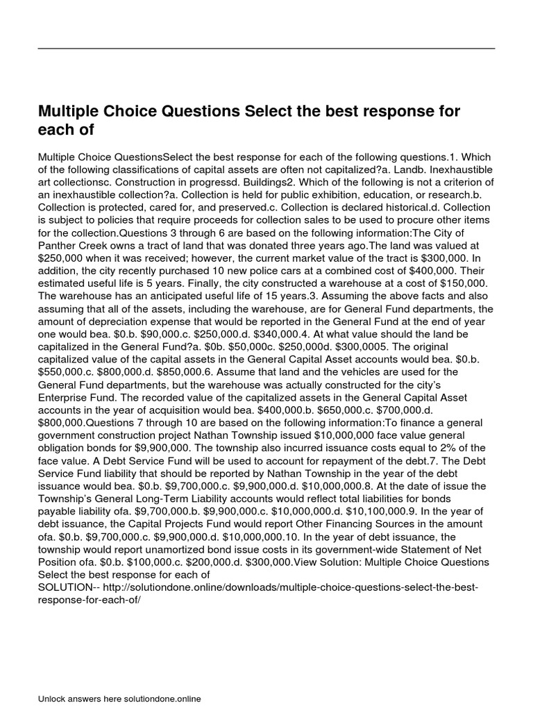 Multiple Choice Questions Select The Best Response For Each of | PDF