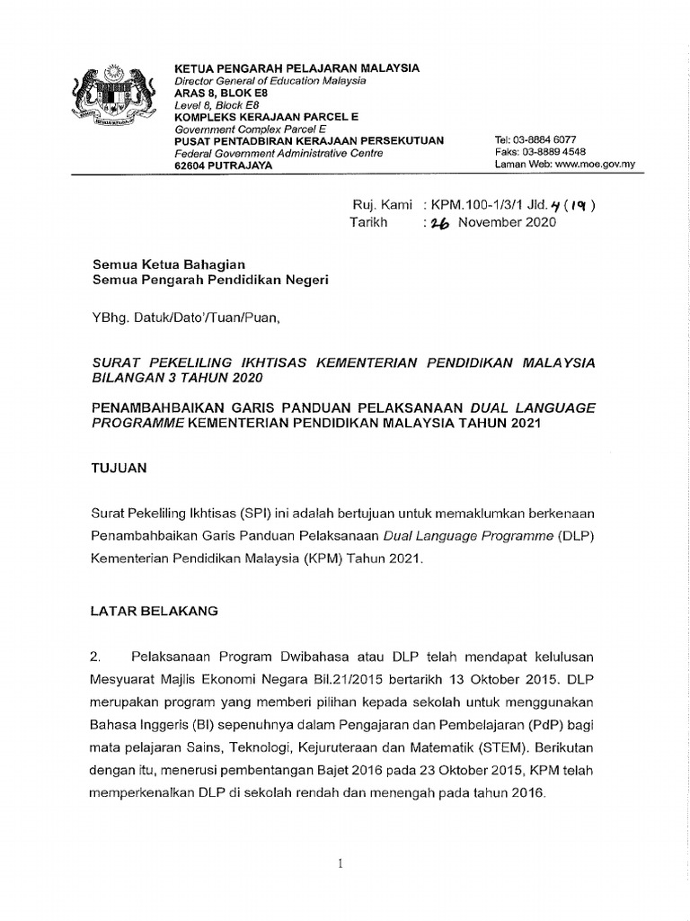 Spi Bilangan 3 Tahun 2020 Penambahbaikan Garis Panduan Pelaksanaan Dual Language Programme Kementerian Pendidikan Malaysia Tahun 2021 Pdf