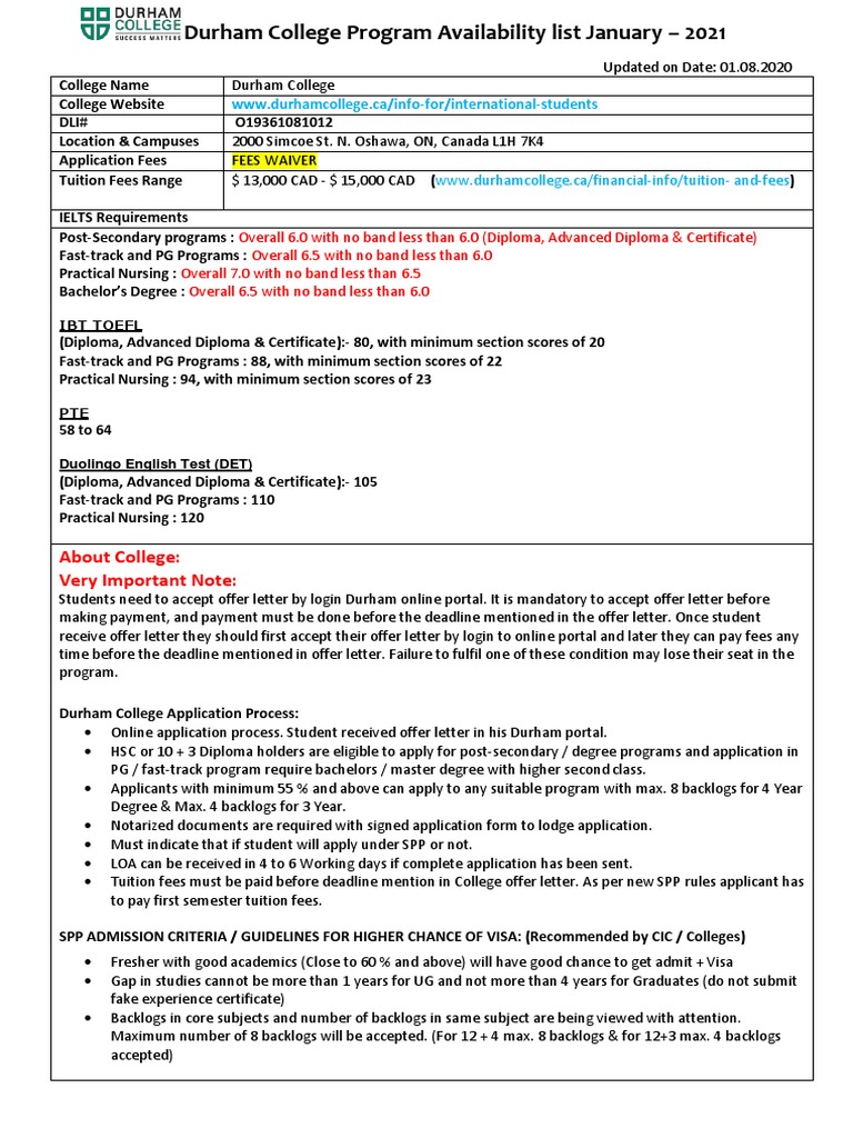 Durham College Program Availability List For JAN - 2021 Intake 010820 PDF |  PDF | Academic Degree | Fee