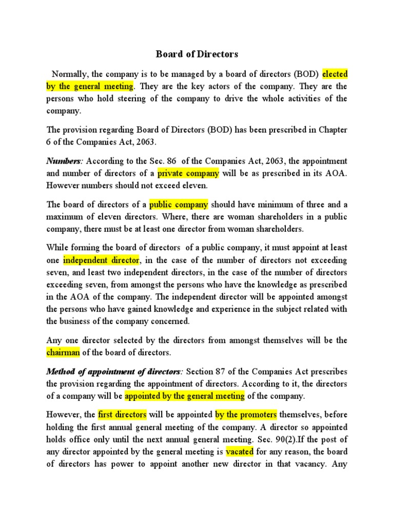 Board of Directors Roles and Responsibilities | PDF | Board Of ...