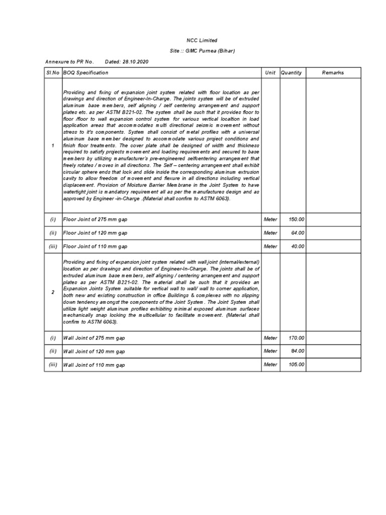 Expansion Joint (BOQ Specs) PDF Extrusion Wall