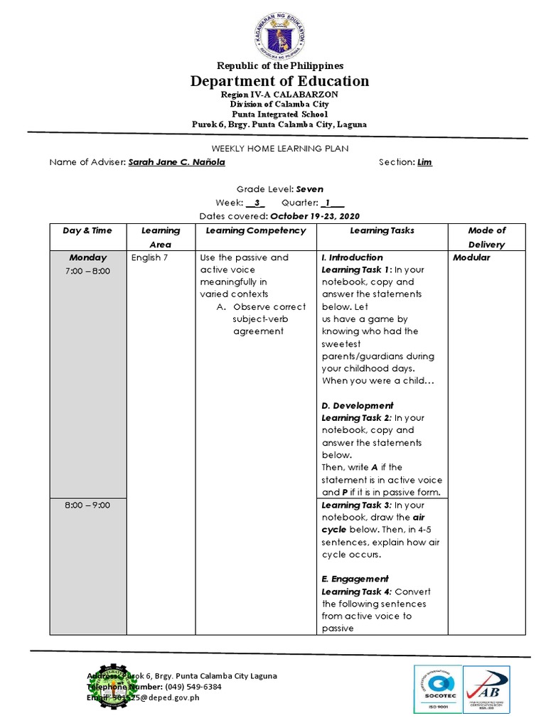WEEK 3 LIM WEEKLY HOME LEARNING PLAN | PDF | Chemical Compounds ...