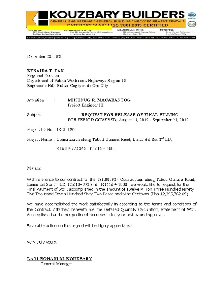 Final Billing Request for Lanao Projects | PDF | Economy Of The ...