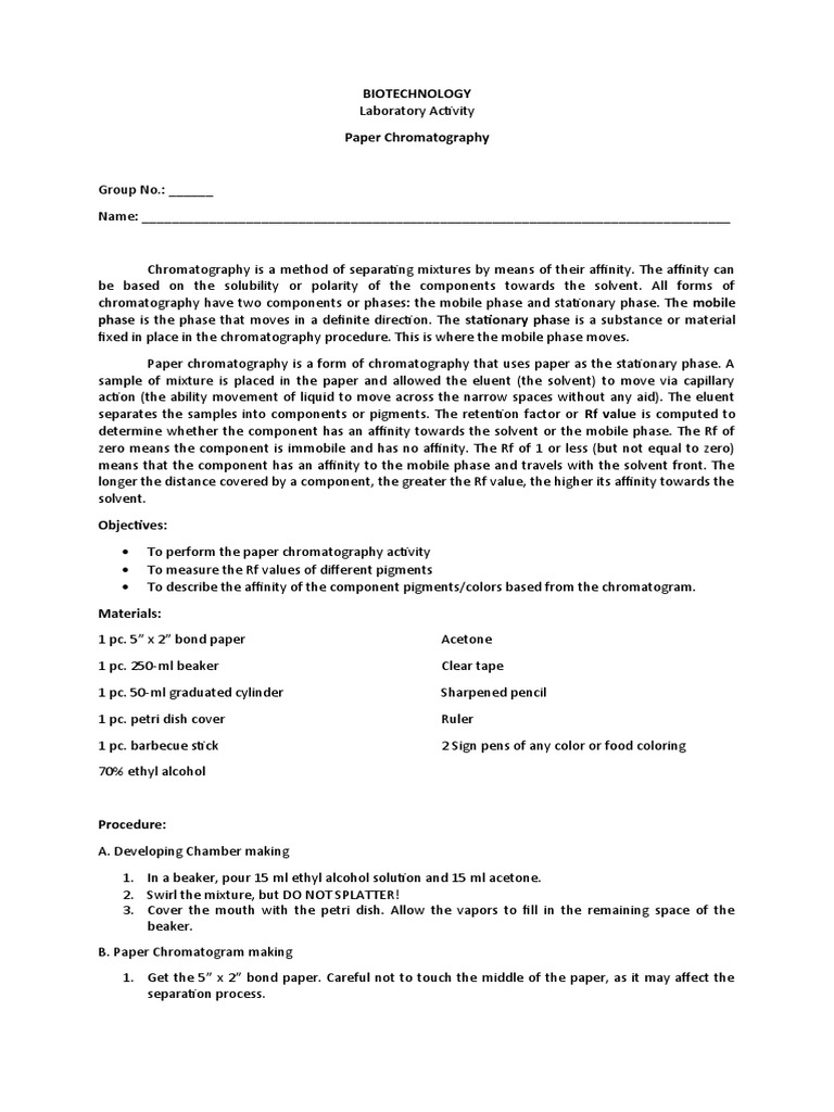 Biotech Lab 8 Paper Chromatography | PDF | Chromatography | Elution