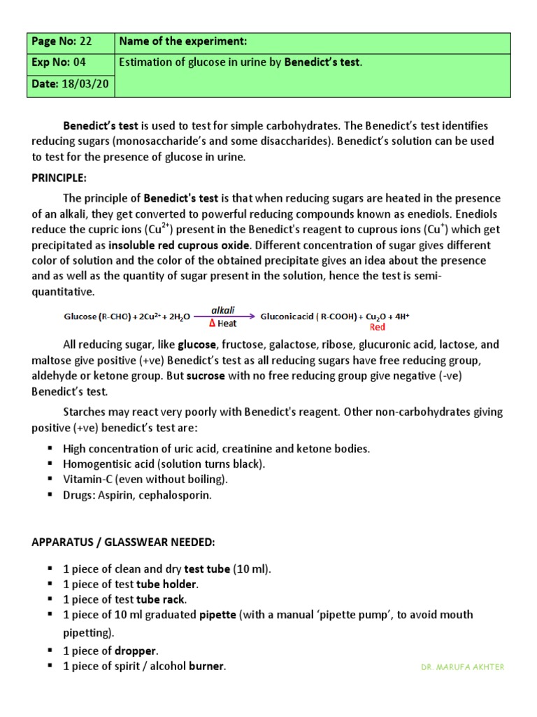Estimation of Glucose in Urine by Benedict's Test A Lab Experiment