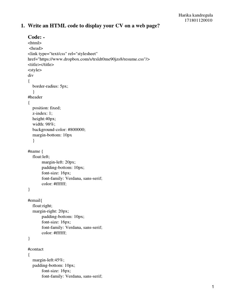 Write An HTML Code To Display Your CV On A Web Page? Code | PDF | World ...