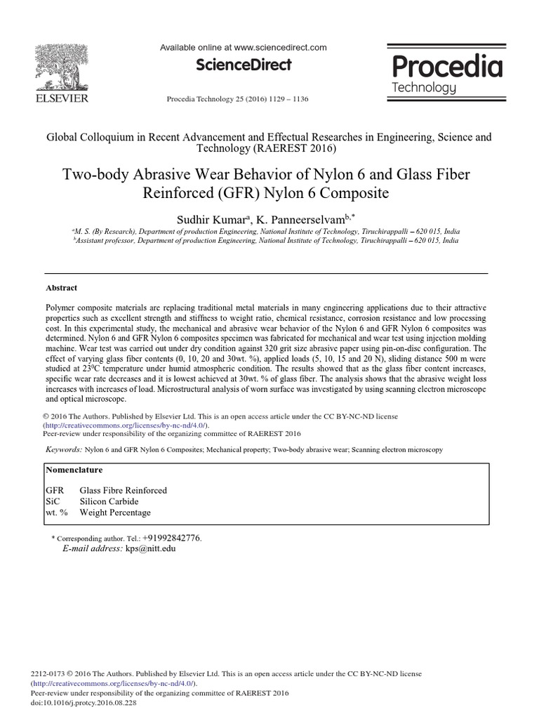 Two-Body Abrasive Wear Behavior of Nylon 6 and Glass Fiber Reinforced ...