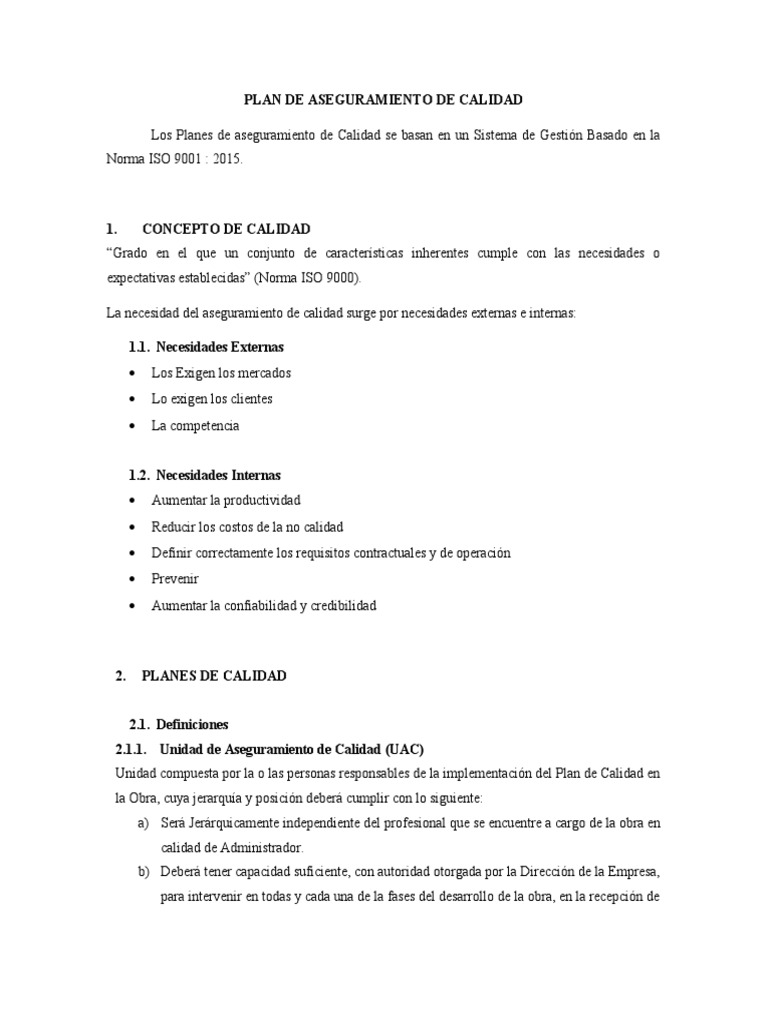 Plan de Aseguramiento de Calidad | PDF | Iso 9000 | Calidad (comercial)
