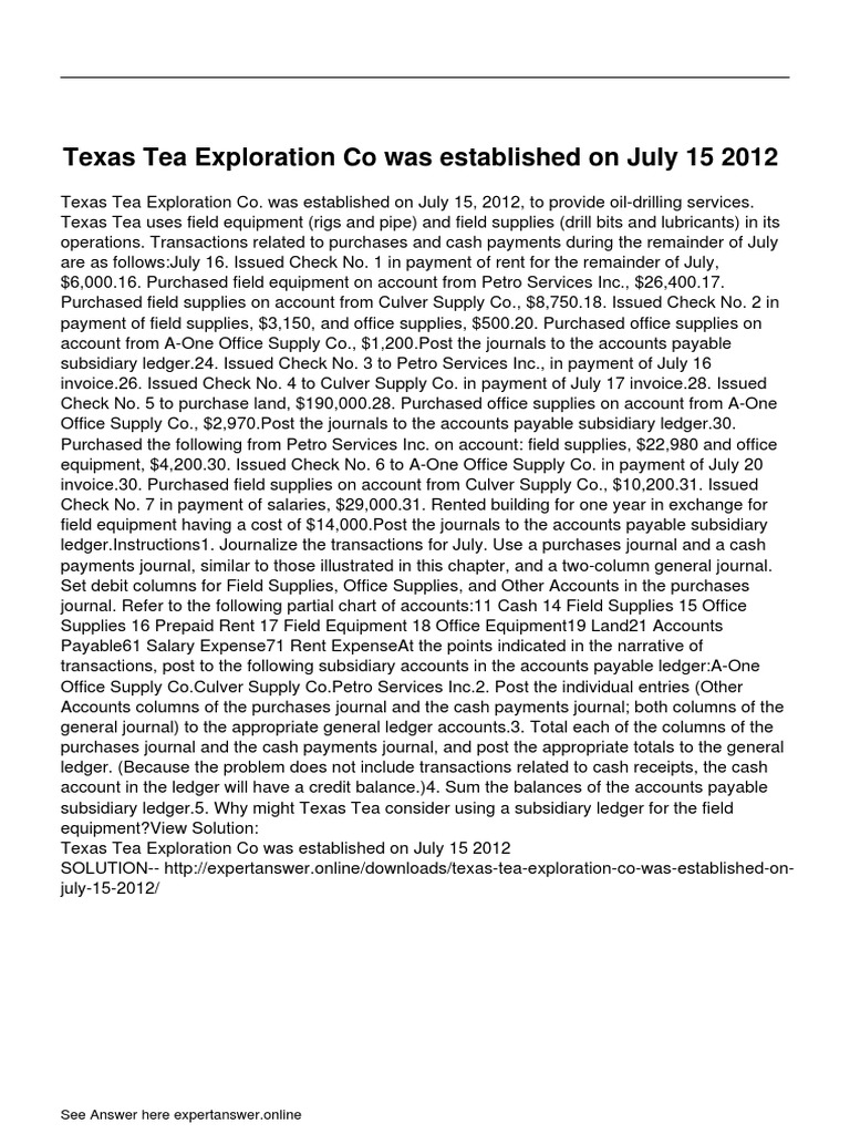 Texas Tea Exploration Co Was Established On July 15 2012 PDF Debits And Credits Money