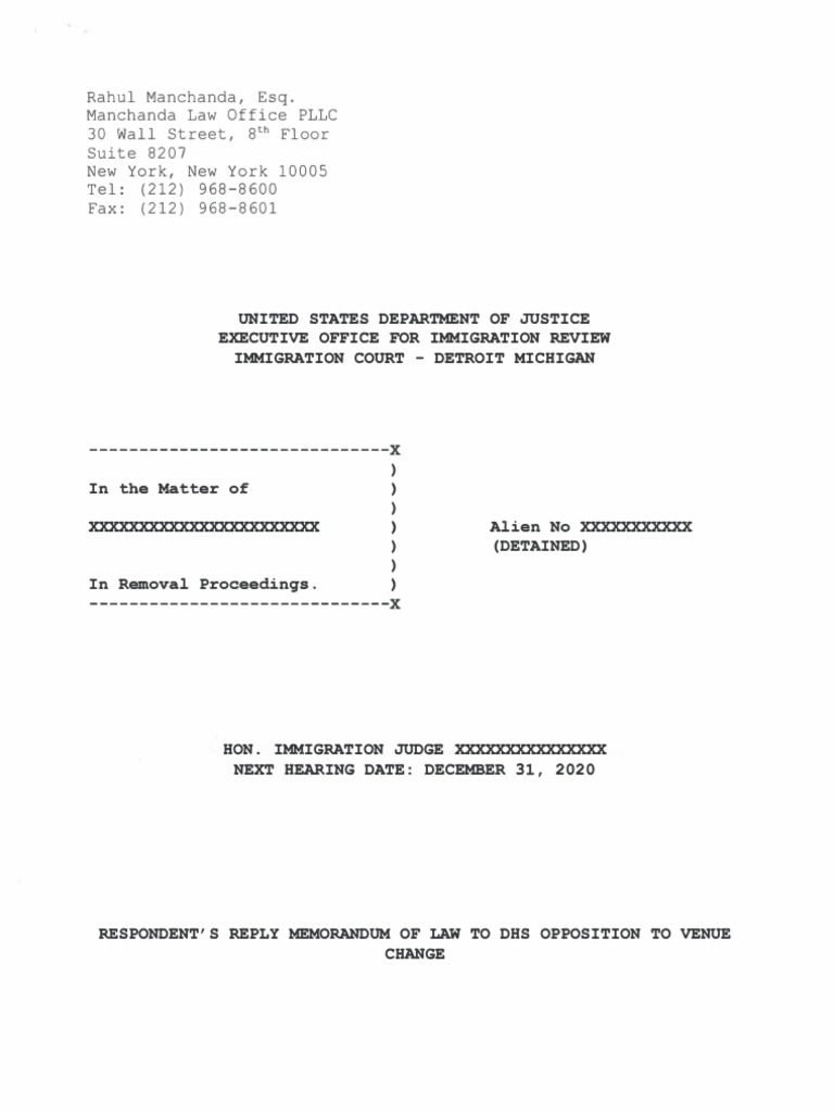 Respondent Reply Memorandum of Law To Dhs Opposition To Venue Change ...