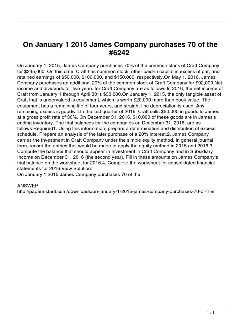 On January 1 2015 James Company Purchases 70 of The PDF Financial