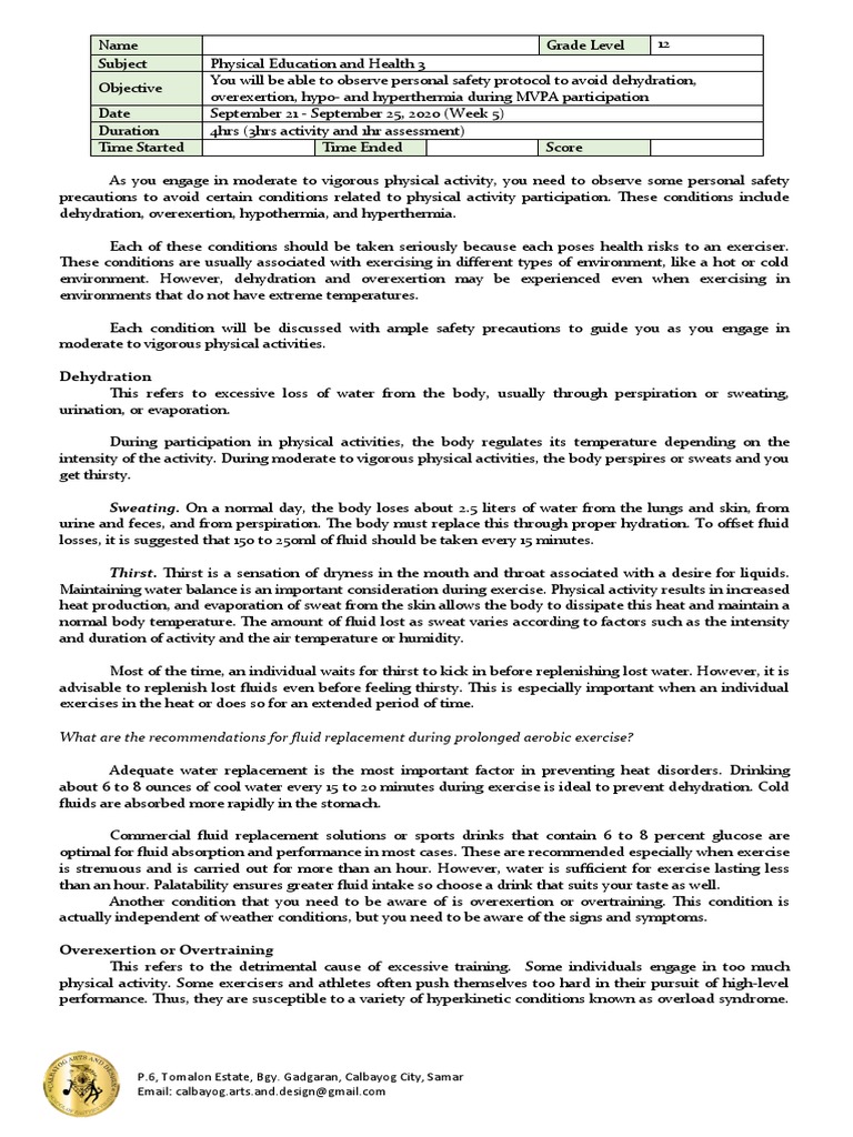 Week 5 PE 12 Activity Sheet | PDF | Hypothermia | Hyperthermia