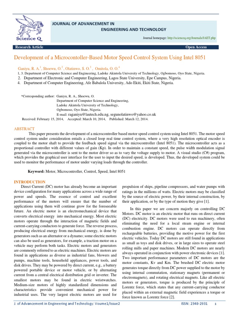 Development of A Microcontoller-Based Motor Speed Control System Using ...