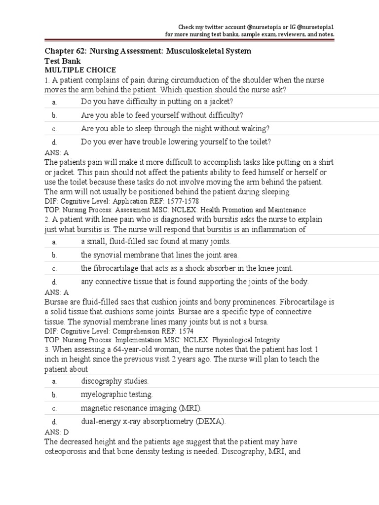 Chapter 62: Nursing Assessment: Musculoskeletal System Test Bank | PDF ...