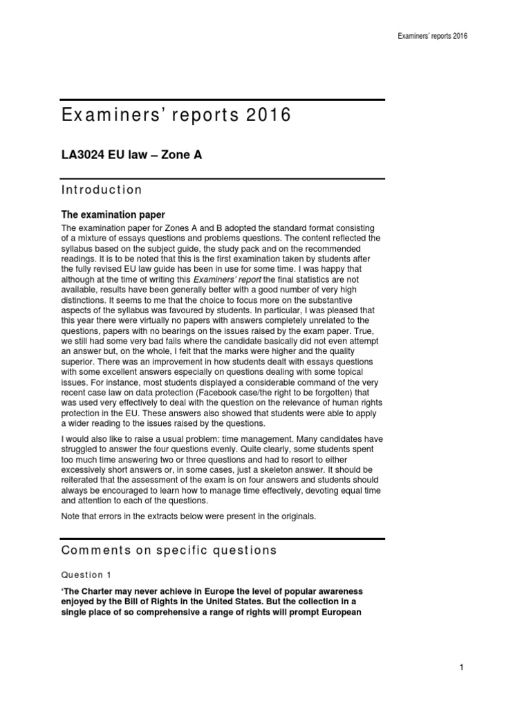 2016 Examiners' Report on EU Law | PDF | Test (Assessment) | Government