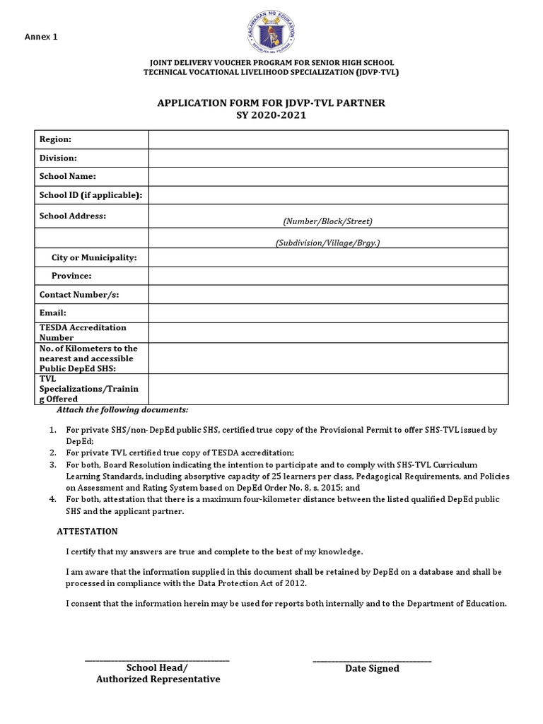 JDVP-TVL Application Form for Schools | PDF