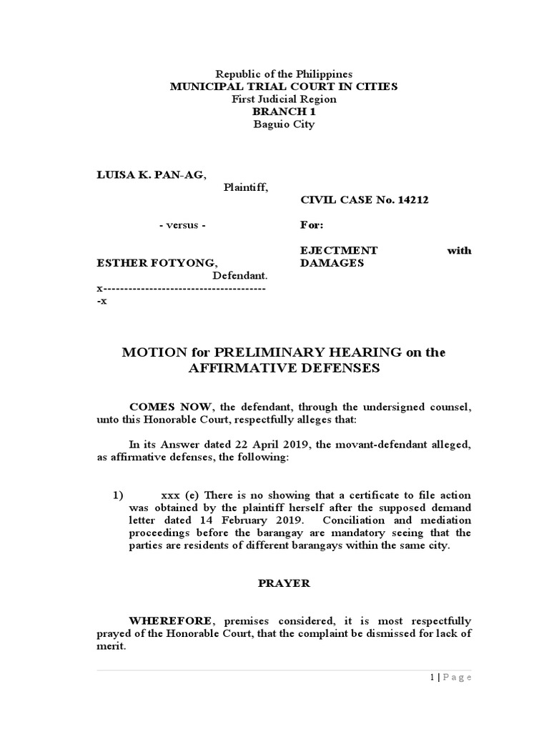 Ejectment Case Motion in Baguio City | PDF | Government Institutions ...