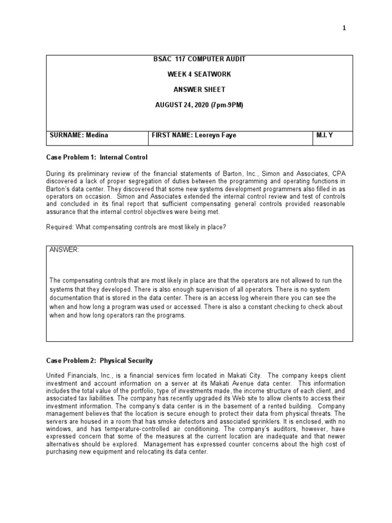 Bsac 117 Computer Audit Week 4 Seatwork Aug 24-Student | PDF | Disaster ...