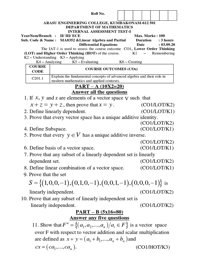 Xy X Z Y Z X Y Part A 10x2 20 Answer All The Questions Pdf Linear Subspace Vector Space