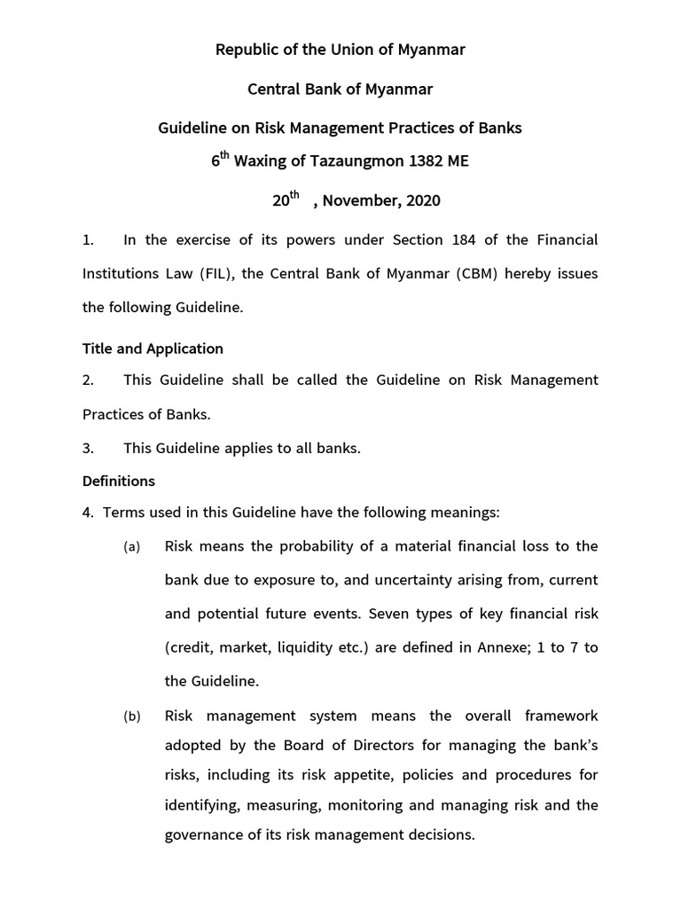 CBM Risk Management Guidelines for Banks | PDF | Credit Risk | Market ...