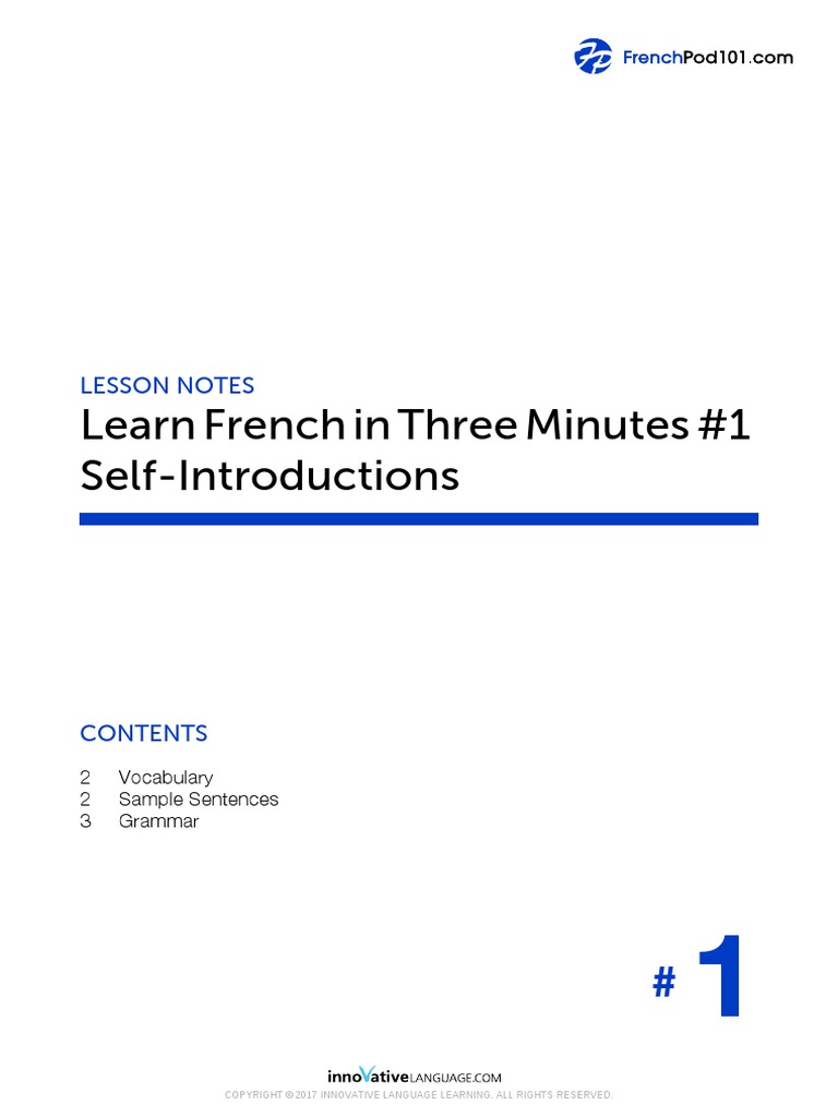 Learn French in Three Minutes #1 Self-Introductions: Lesson Notes | PDF ...