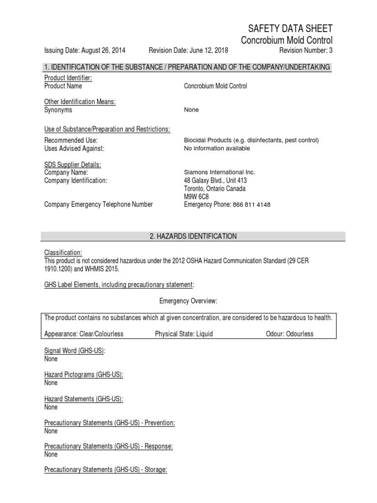 Mold Control ConcrobiumMoldControlSDSJune2018 PDF Personal Protective Equipment Toxicity