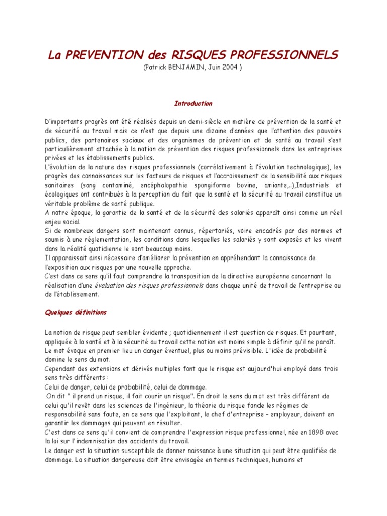 Prévention des Risques au Travail | PDF | Risque | Santé et sécurité au ...