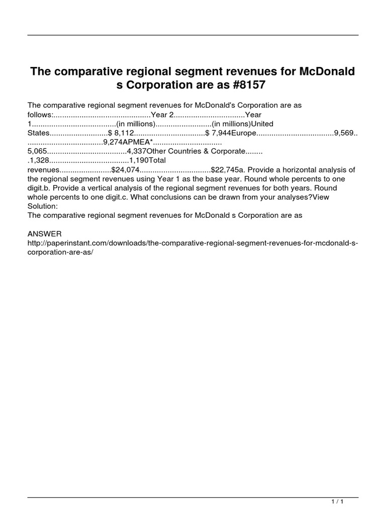 The Comparative Regional Segment Revenues For Mcdonald S Corporation