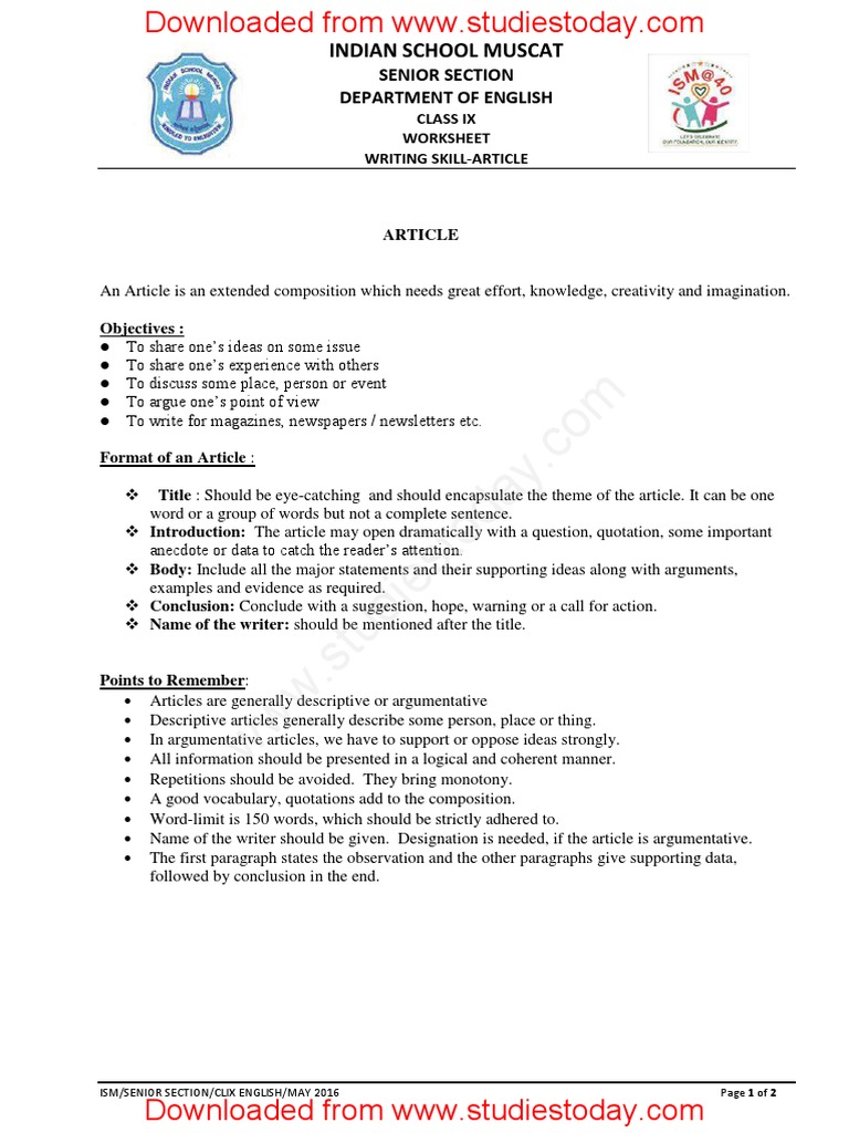 CBSE Class 9 Assignment-Articles Writing PDF | PDF
