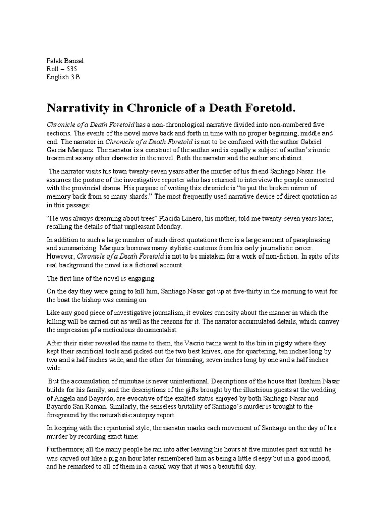 Narrativity in Chronicle of A Death Foretold PDF Narration