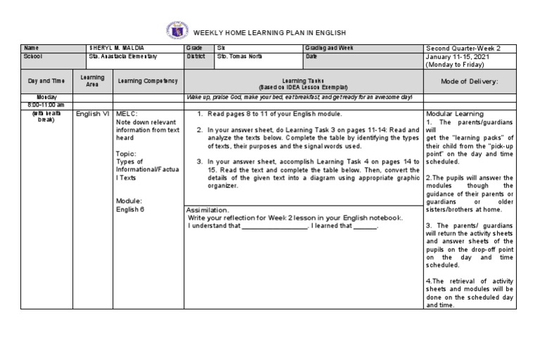 Weekly English Learning Plan for Grade 6 | PDF | Communication | Learning