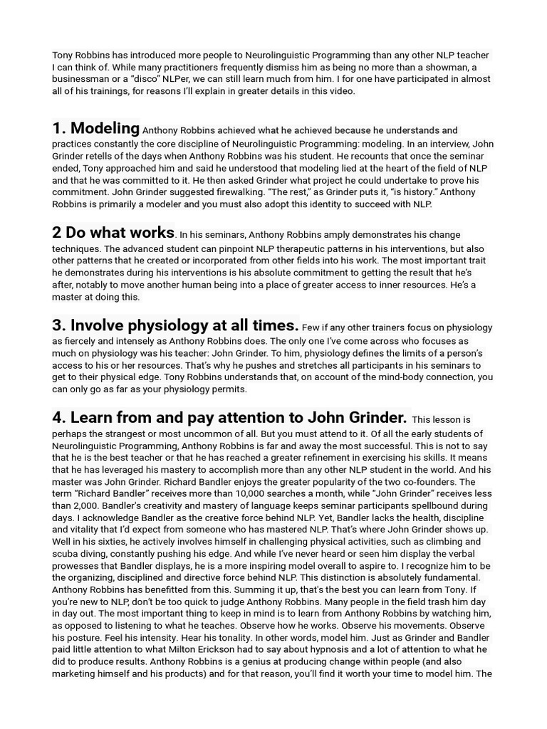 Tony Robbins 4 NLP Concepts PDF Neuro Linguistic Programming Psychotherapy