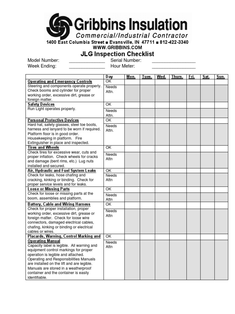 Appendix 10.4 Boom Lift Inspection Form PDF Tire Manufactured Goods