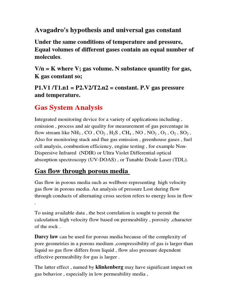 Gas System Analysis Avagadro's Hypothesis and Universal Gas Constant