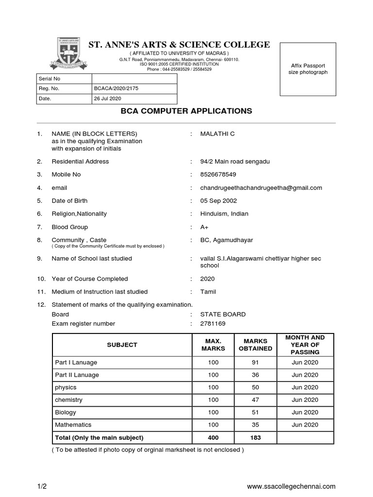 BCA Admission Application Form | PDF | Identity Document