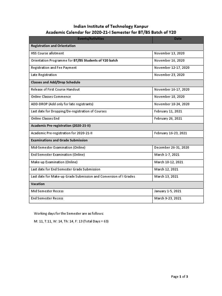 Indian Institute of Technology Kanpur Academic Calendar For 2020 21 I