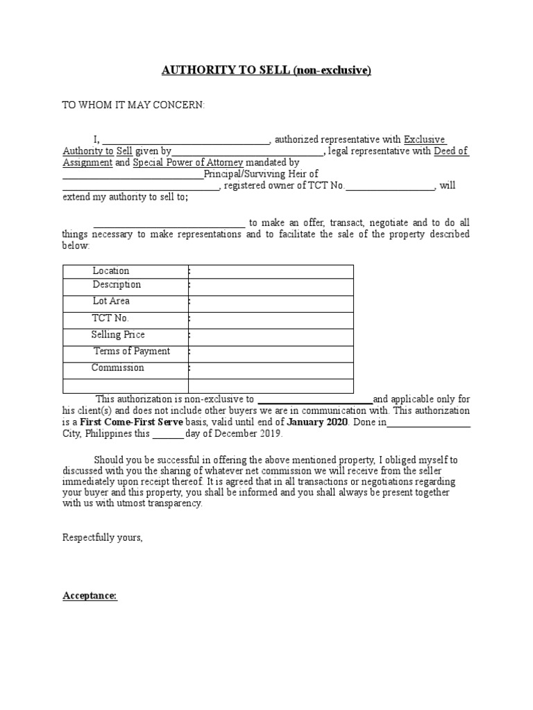 AUTHORITY TO SELL (Template) PDF