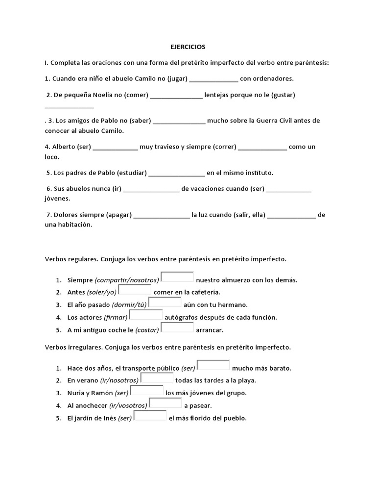Ejercicios de Pretérito Imperfecto | PDF