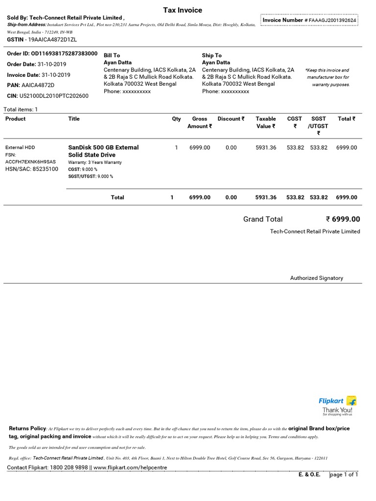 Sandisk 500 GB External Solid State Drive: Grand Total 6999.00 | PDF ...
